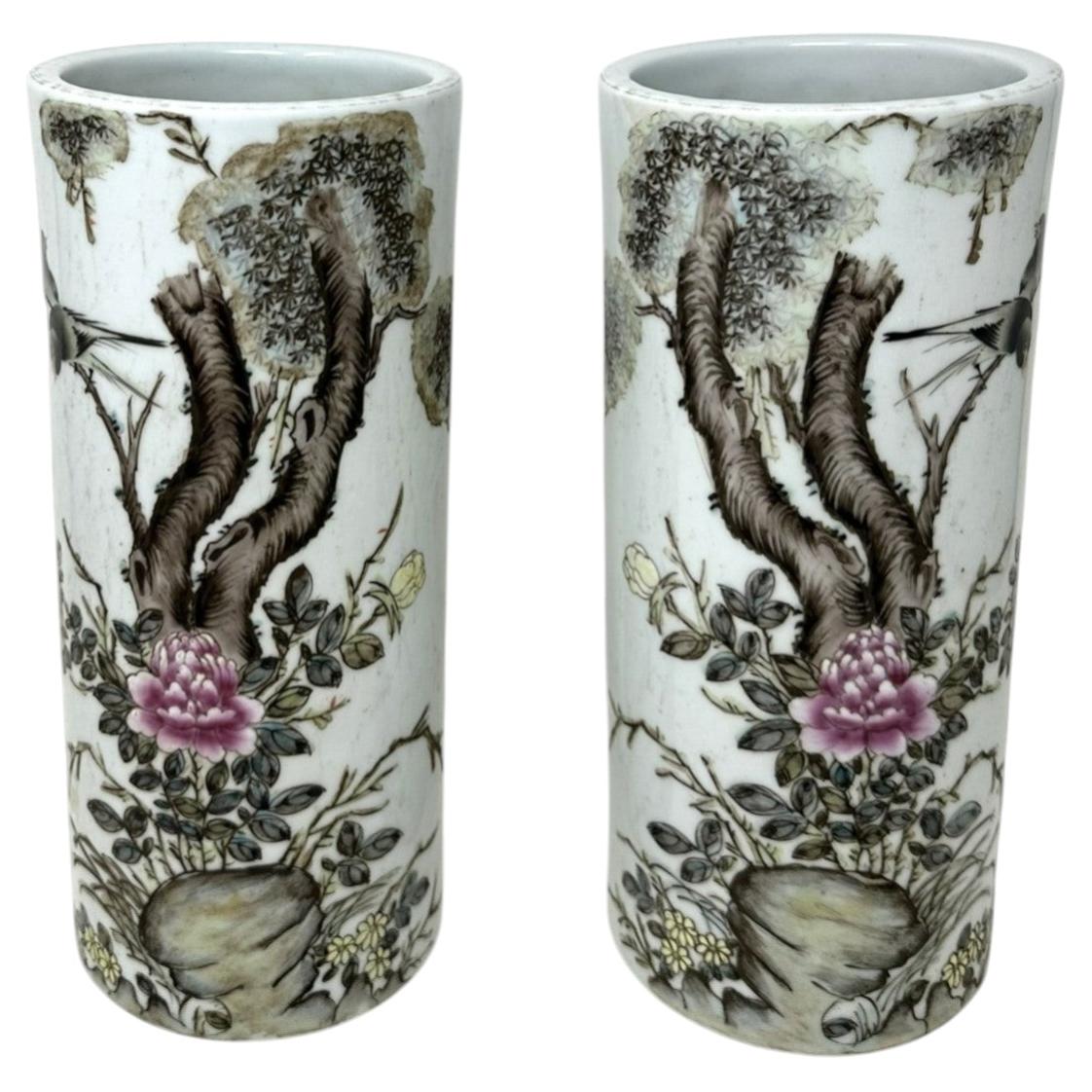 Antique Pair Rose Medallion Chinese Porcelain Brush Wash Vases arrtib. Liu Yucen