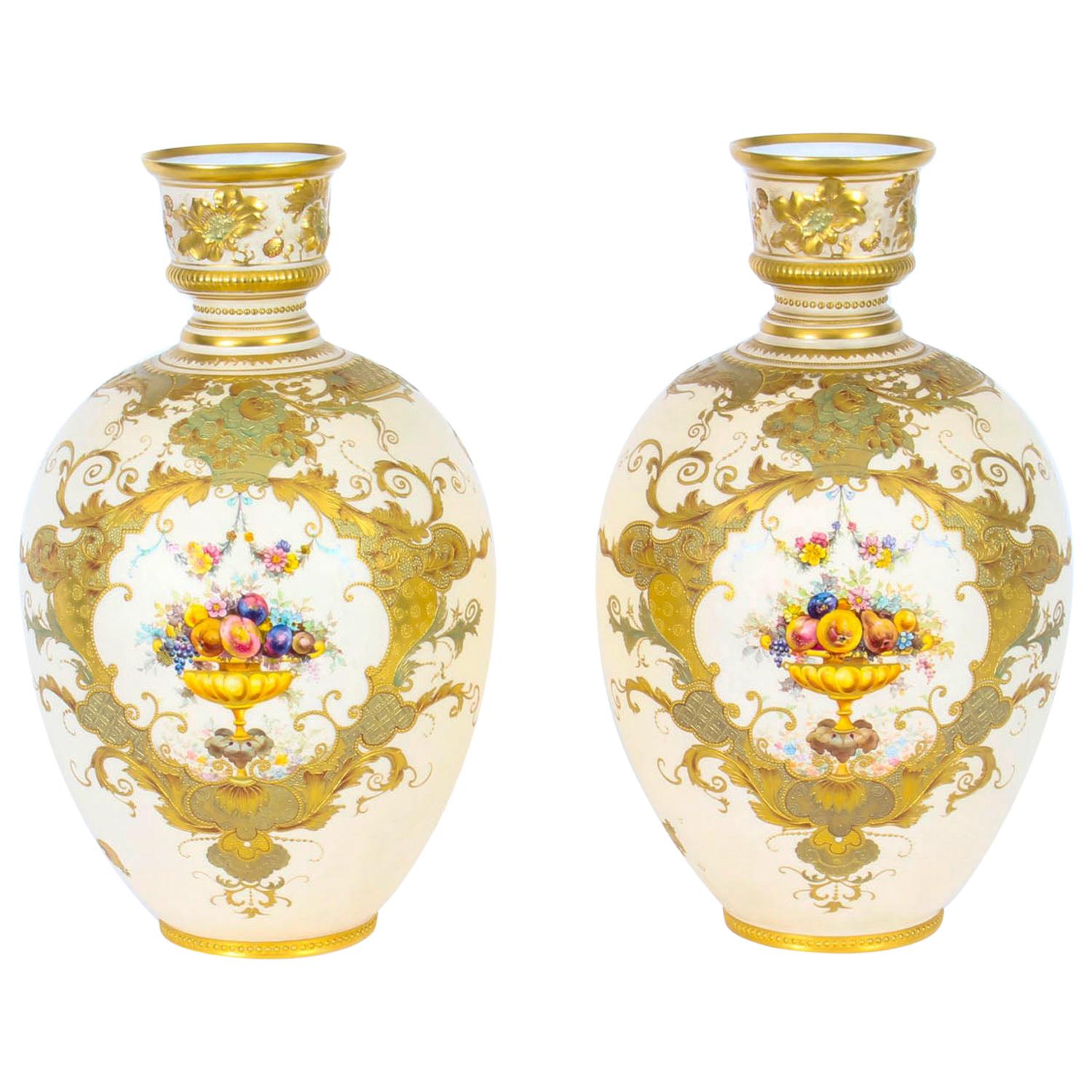 Antique Pair of Royal Crown Derby Blushed Porcelain Vases, 19th Century