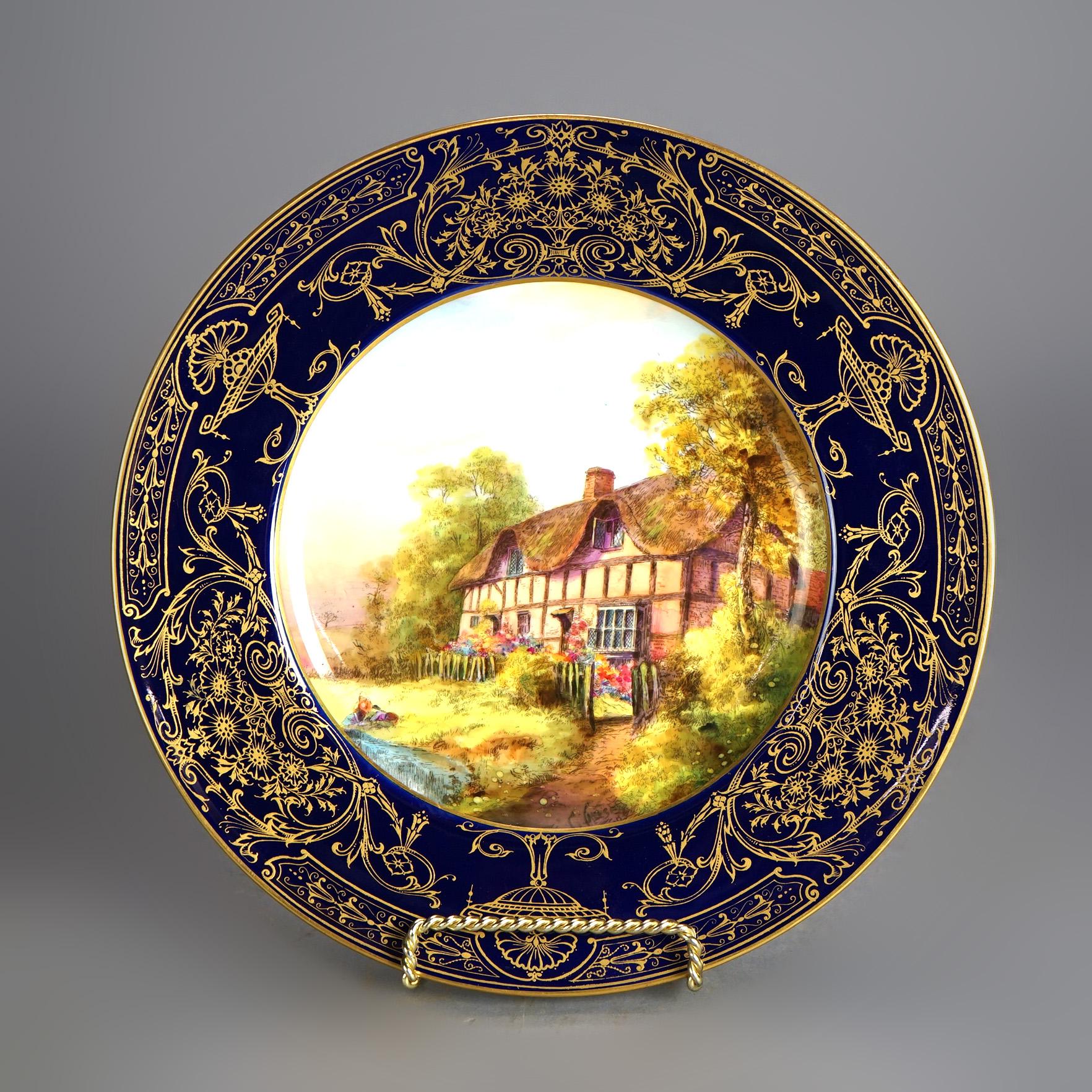 Antique Pair Royal Worcester English Porcelain Hand Painted Scenic Plates C1910 In Good Condition In Big Flats, NY