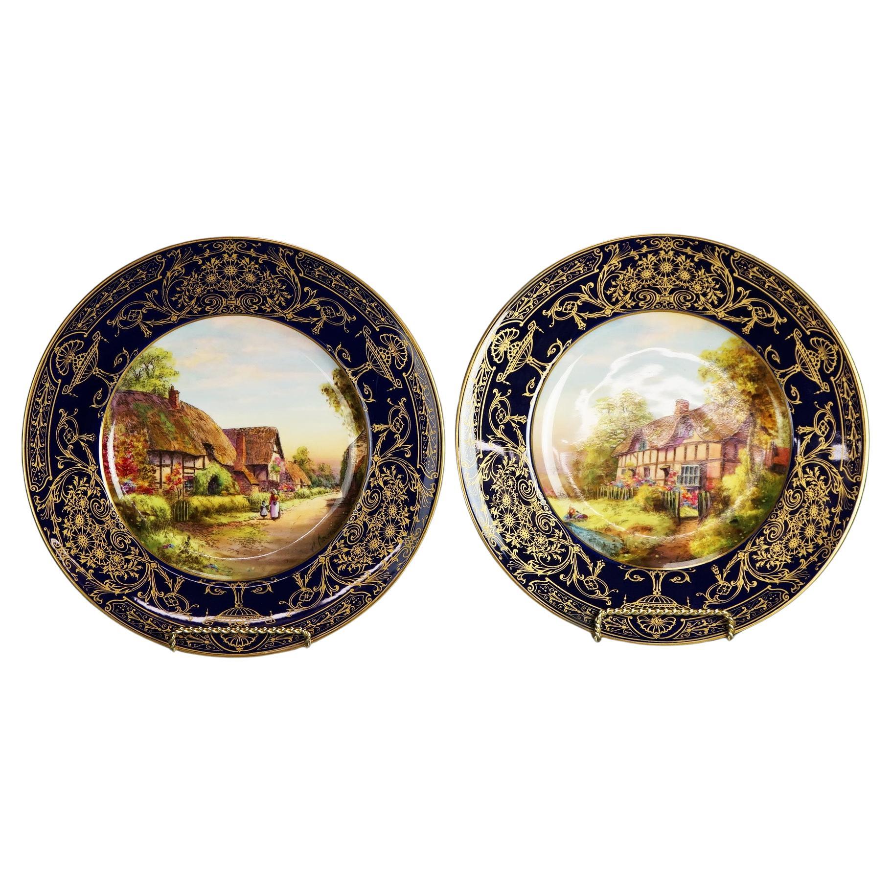 Antique Pair Royal Worcester English Porcelain Hand Painted Scenic Plates C1910