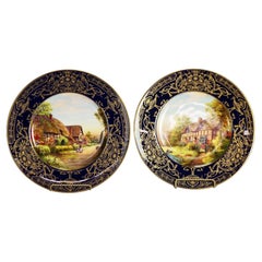 Antique Pair Royal Worcester English Porcelain Hand Painted Scenic Plates C1910