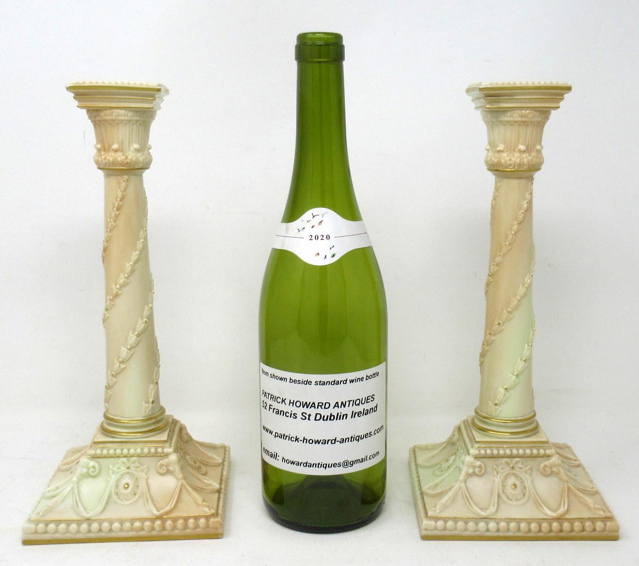 Antique Pair Royal Worcester Gilt Blush English Porcelain Corinthian Candlestick 5