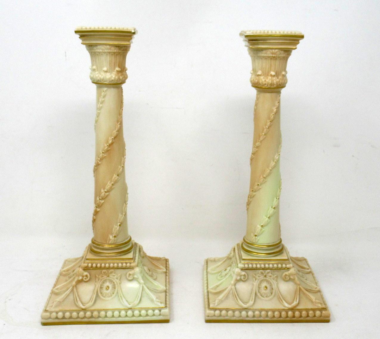 High Victorian Antique Pair Royal Worcester Gilt Blush English Porcelain Corinthian Candlestick