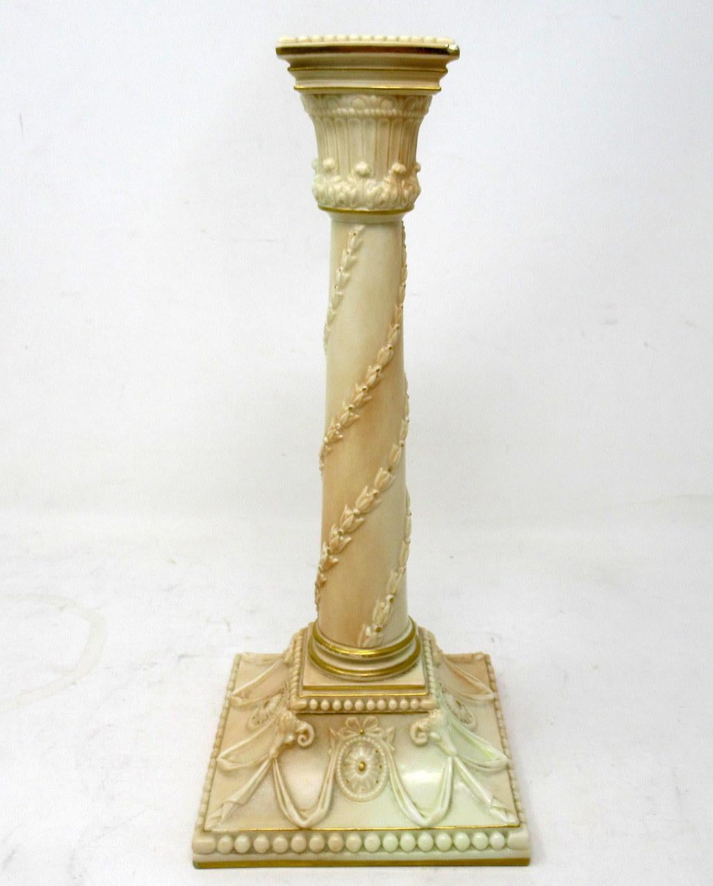 Burnished Antique Pair Royal Worcester Gilt Blush English Porcelain Corinthian Candlestick