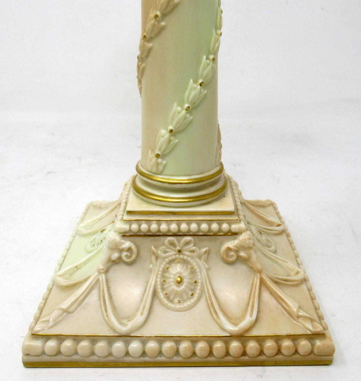 19th Century Antique Pair Royal Worcester Gilt Blush English Porcelain Corinthian Candlestick