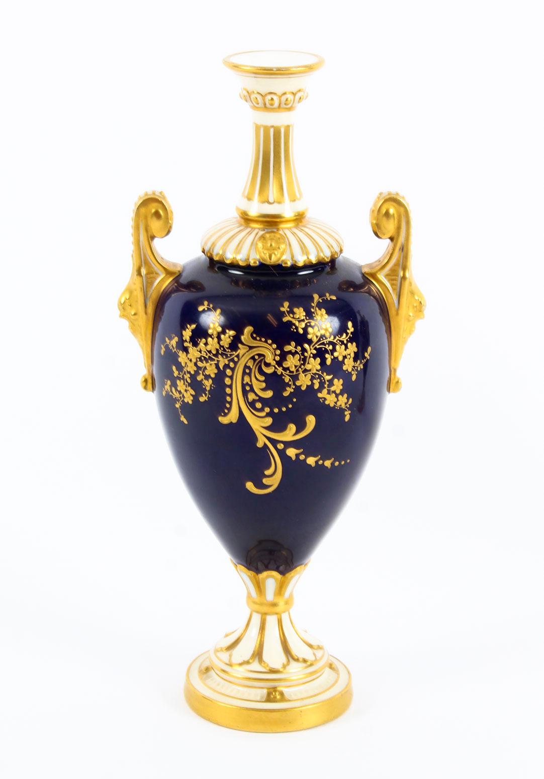 Antique Pair of Royal Worcester Porcelain Two Handled Pedestal Ovoid Vases 1903 3