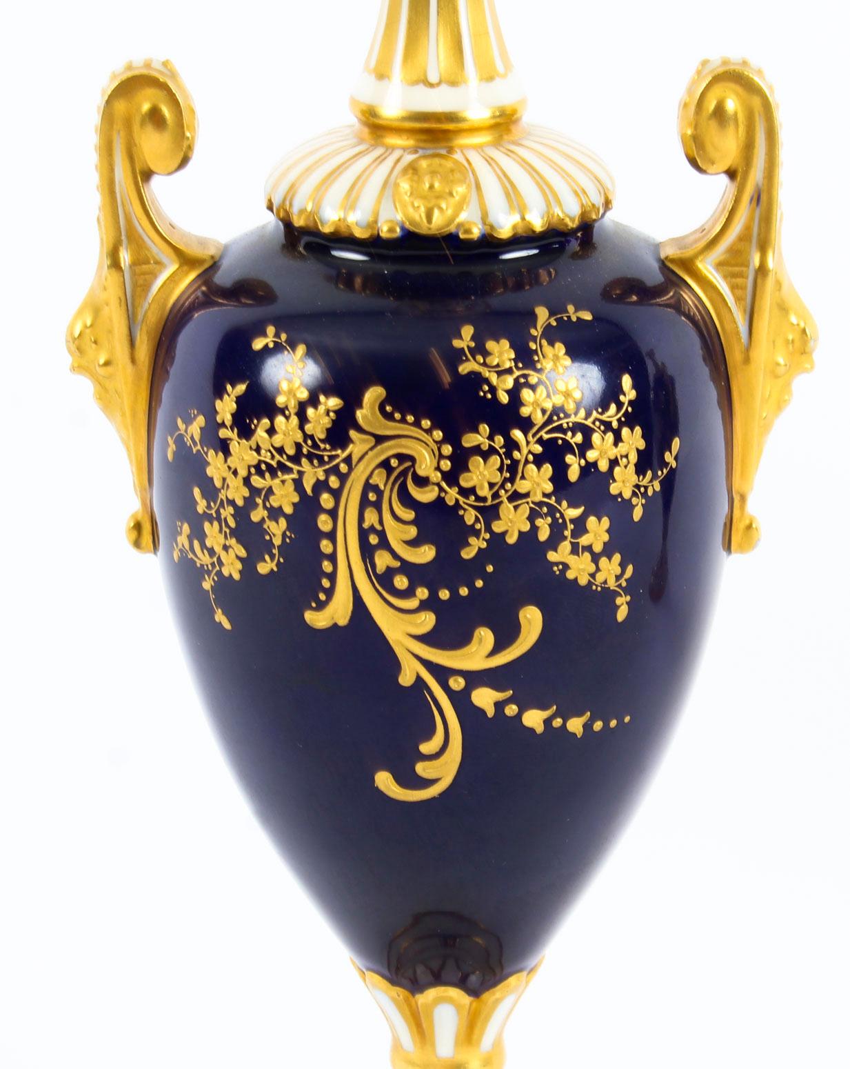 Antique Pair of Royal Worcester Porcelain Two Handled Pedestal Ovoid Vases 1903 4