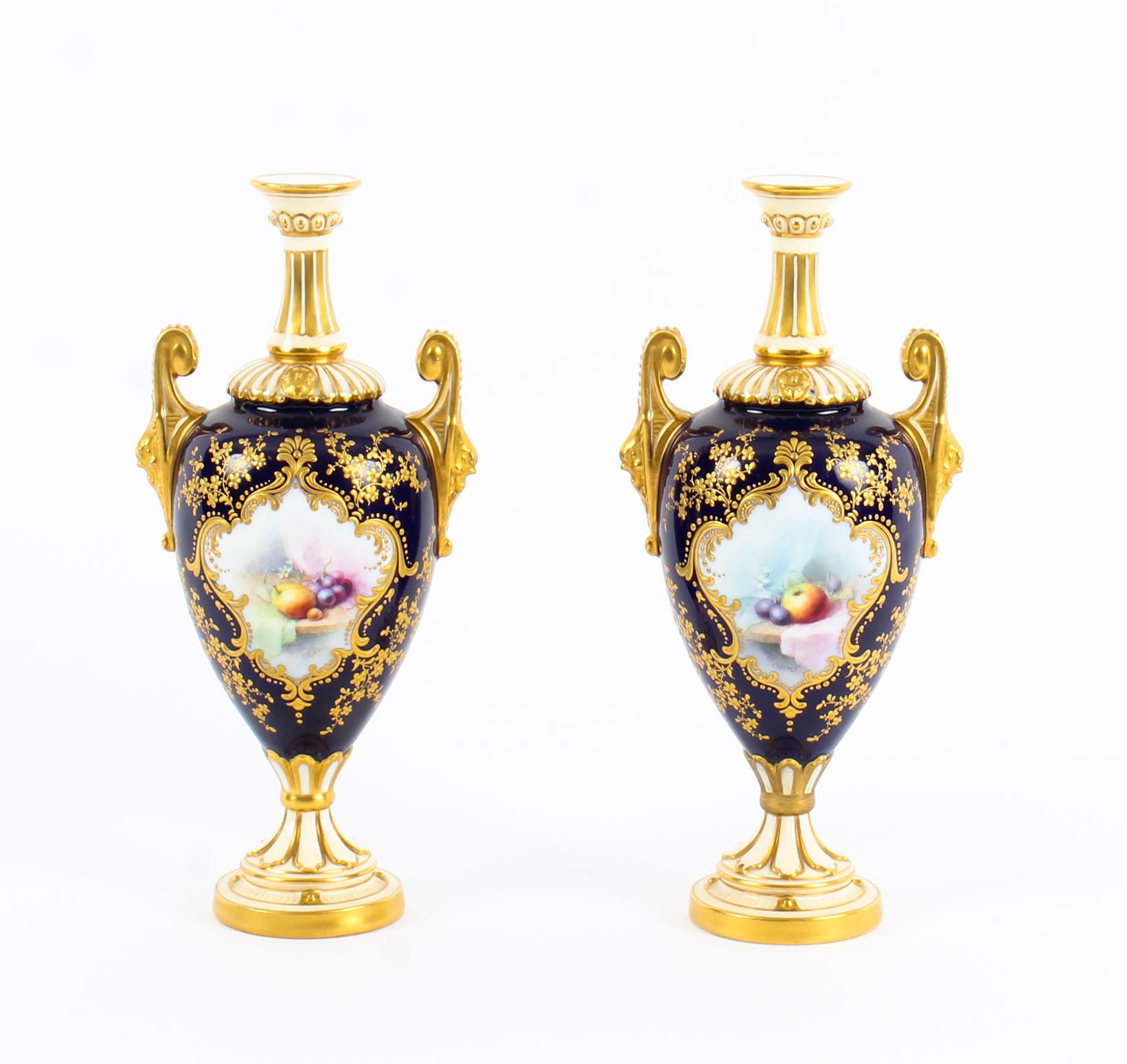 Antique Pair of Royal Worcester Porcelain Two Handled Pedestal Ovoid Vases 1903 12