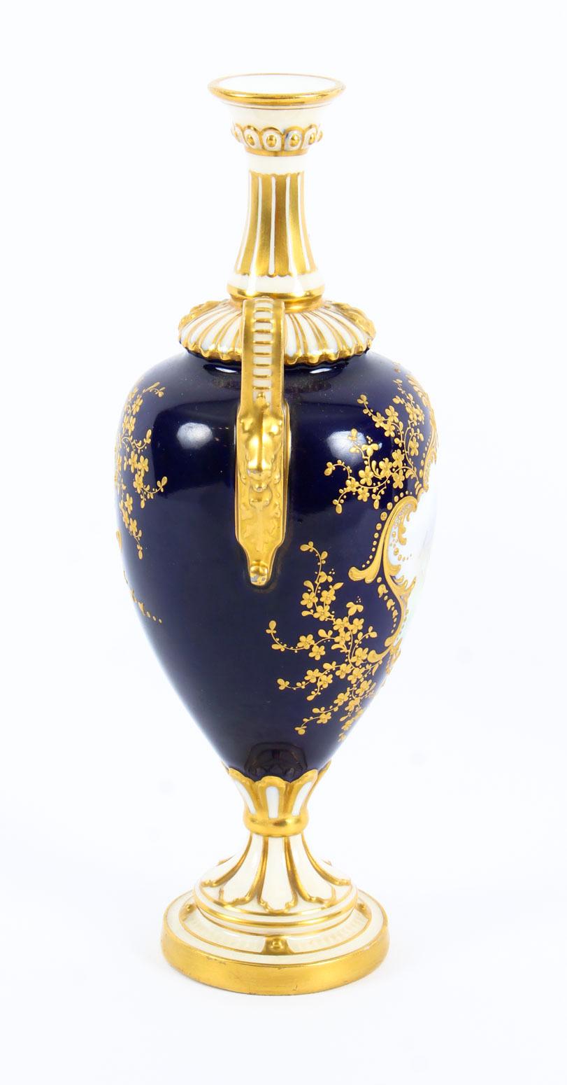 English Antique Pair of Royal Worcester Porcelain Two Handled Pedestal Ovoid Vases 1903