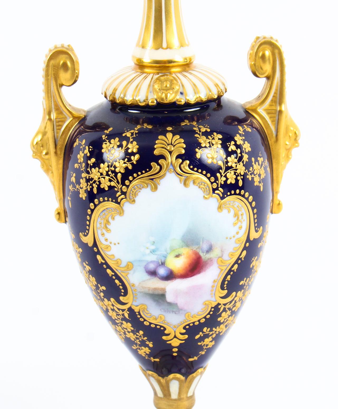 Gilt Antique Pair of Royal Worcester Porcelain Two Handled Pedestal Ovoid Vases 1903