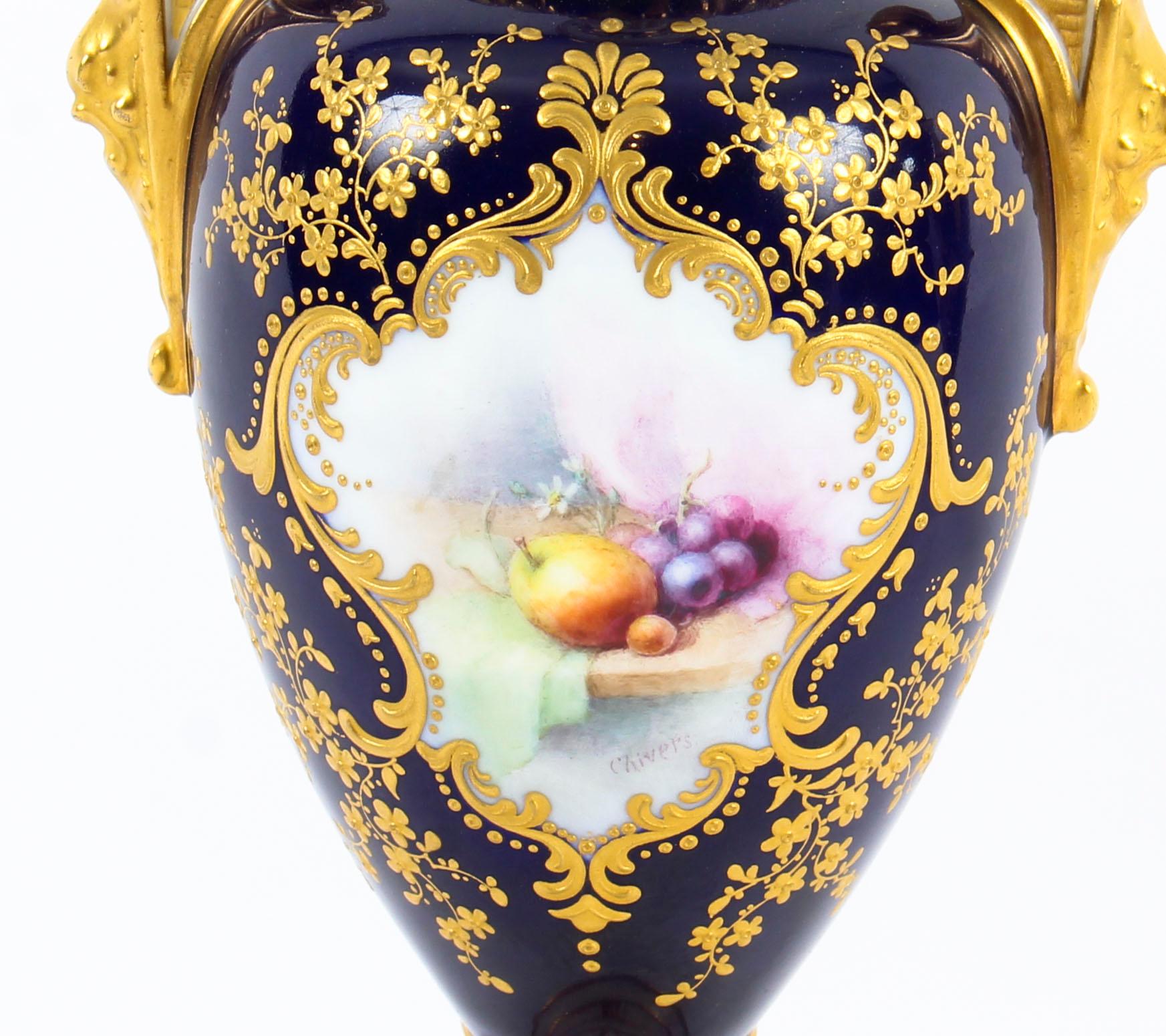 Antique Pair of Royal Worcester Porcelain Two Handled Pedestal Ovoid Vases 1903 In Good Condition In London, GB