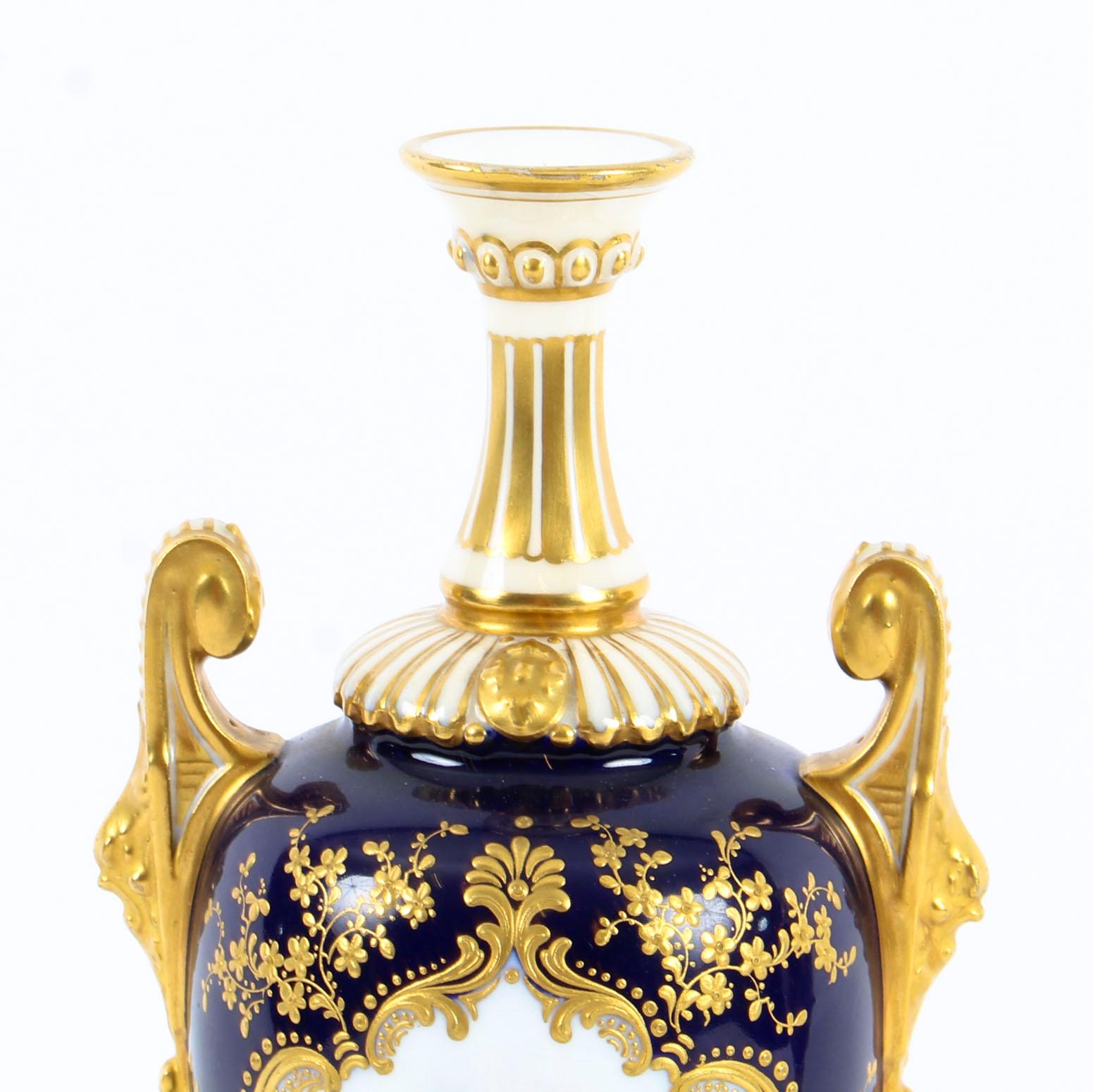 Early 20th Century Antique Pair of Royal Worcester Porcelain Two Handled Pedestal Ovoid Vases 1903