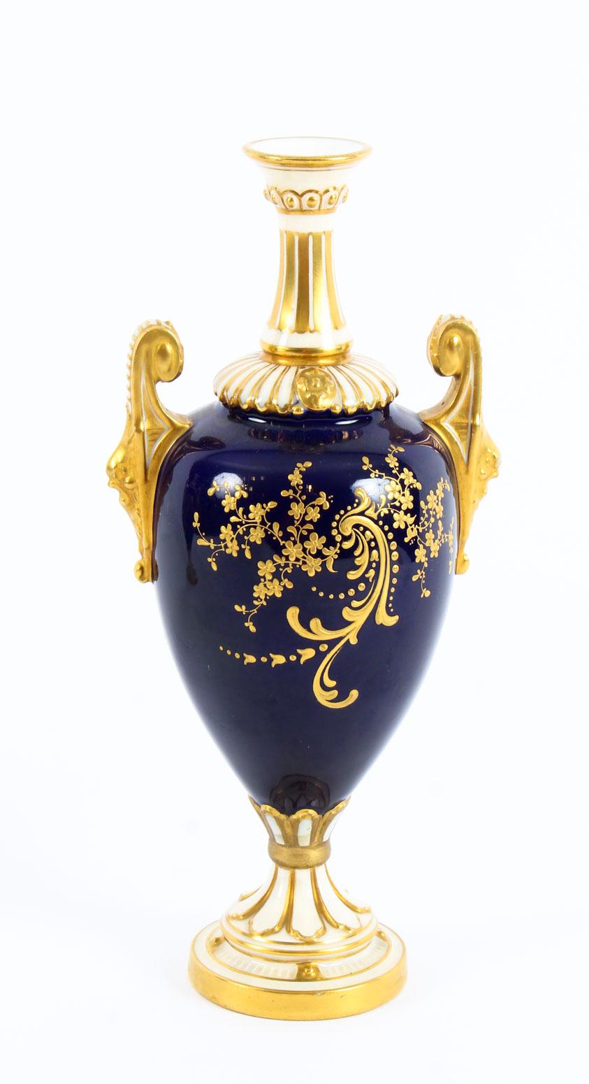 Antique Pair of Royal Worcester Porcelain Two Handled Pedestal Ovoid Vases 1903 2