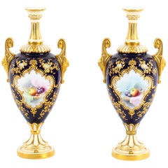 Antique Pair of Royal Worcester Porcelain Two Handled Pedestal Ovoid Vases 1903