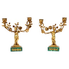 Antique Pair Russian Malachite & Gilt Bronze Candelabra, Early 20th Century