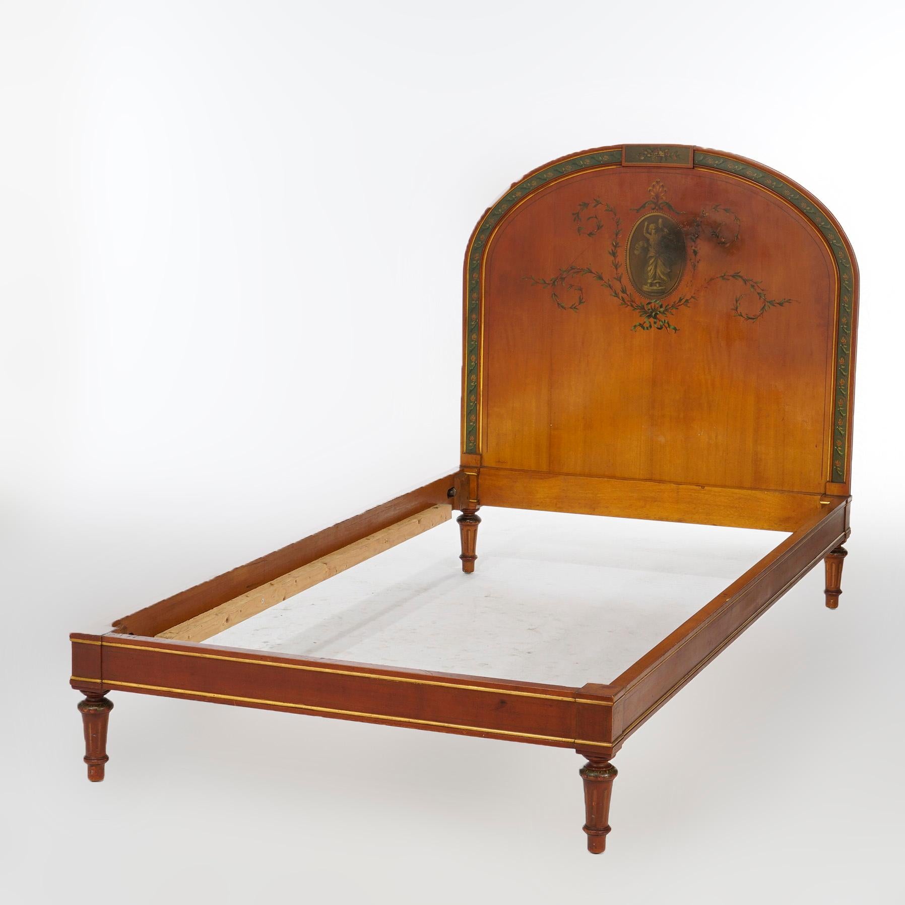 An antique pair of matching twin beds offer satinwood construction with dome form headboard with Adam decoration having Neoclassical cherub and foliate garland, c1920

Measures- 46.75''H x 42.5''W x 80.5''D; interior 9.5'' high x 39.5''W x