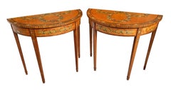 Antique Pair Satinwood Painted Demi Lune Half Moon Side Tables 19th Ct