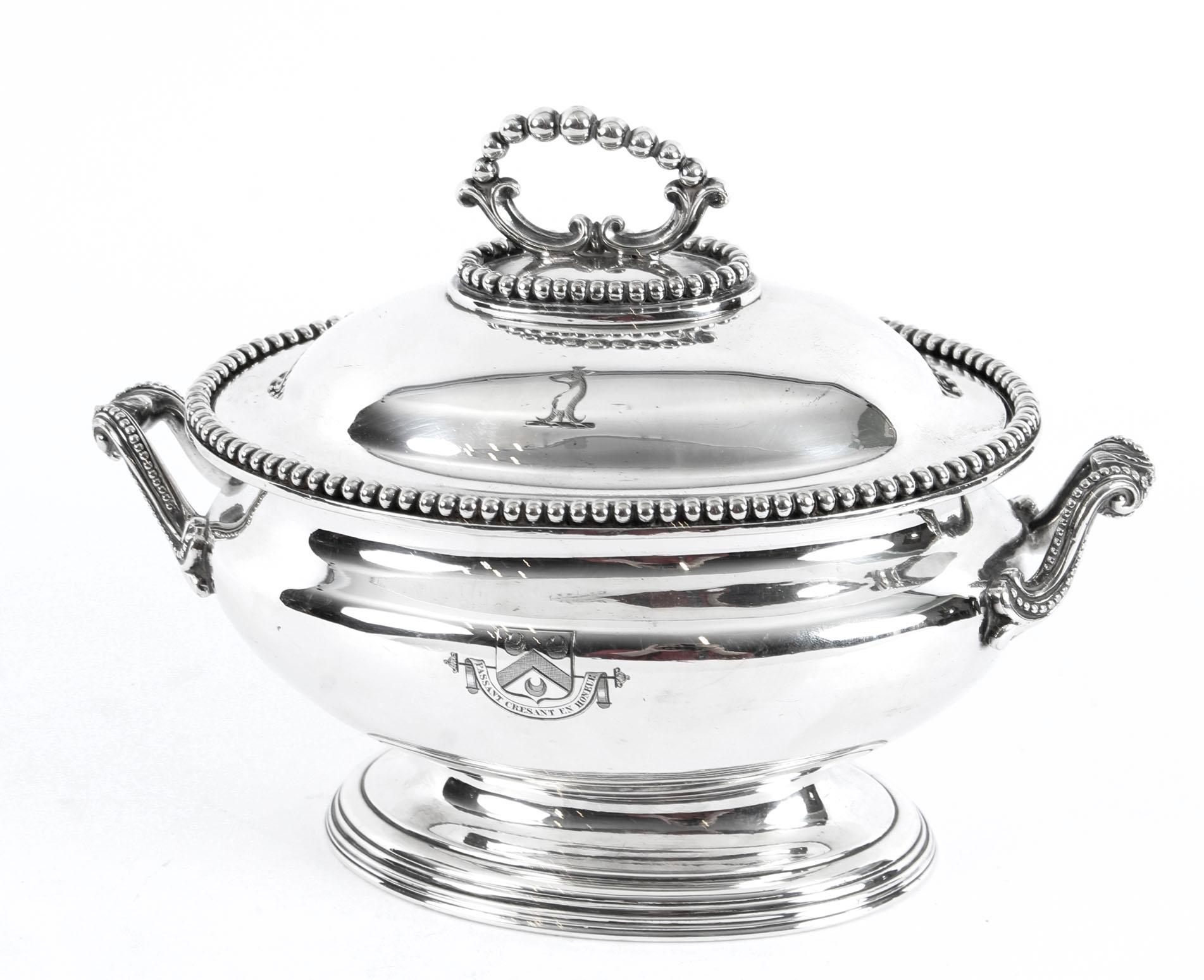 This is an exquisite and rare antique pair of English silver plated sauce tureens, circa 1860 in date.
 
These lovely sauce tureens are of the highest quality and bear the makers' mark of the renowned silversmith Elkington and Co., and the