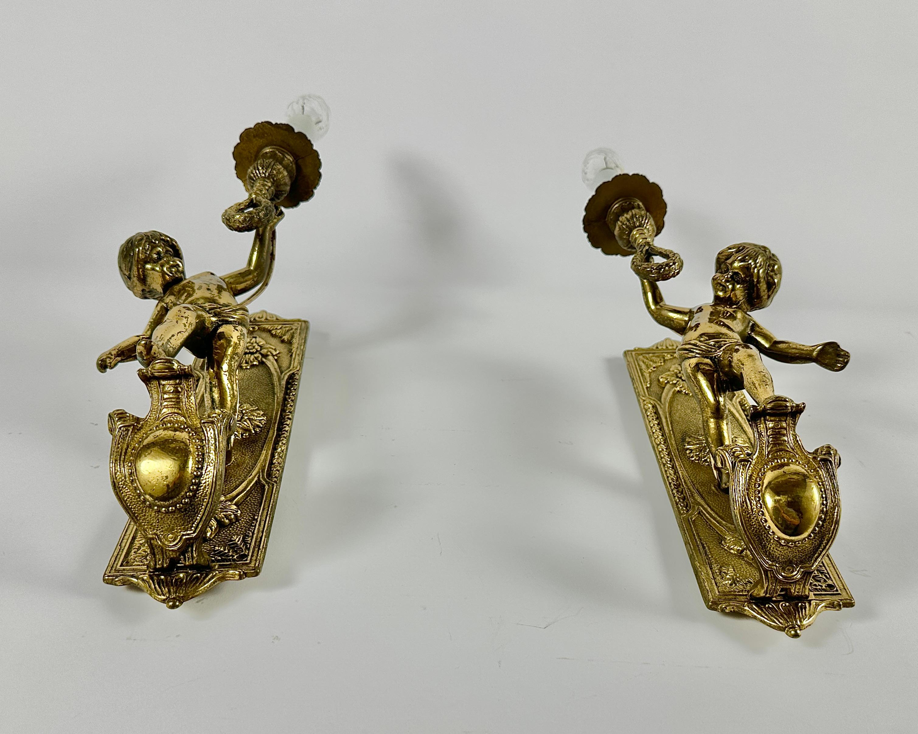 French Antique Pair Sconces Louis XIV Style Gilded Bonze Cherub Angel, France, 1910