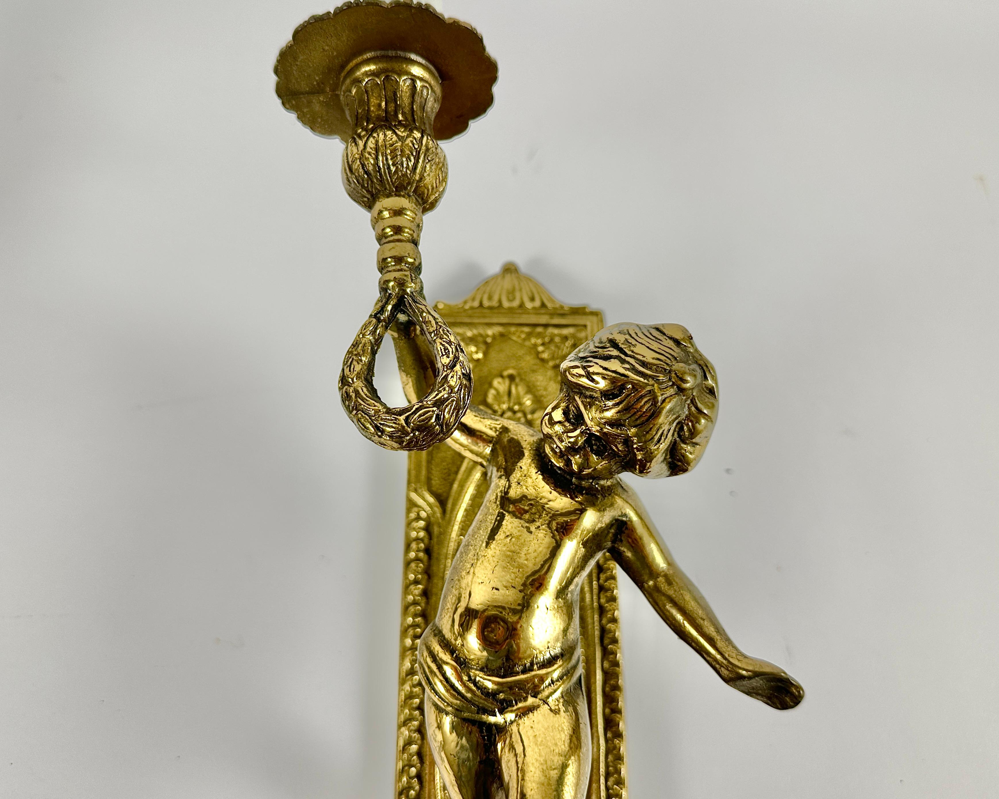 Early 20th Century Antique Pair Sconces Louis XIV Style Gilded Bonze Cherub Angel, France, 1910