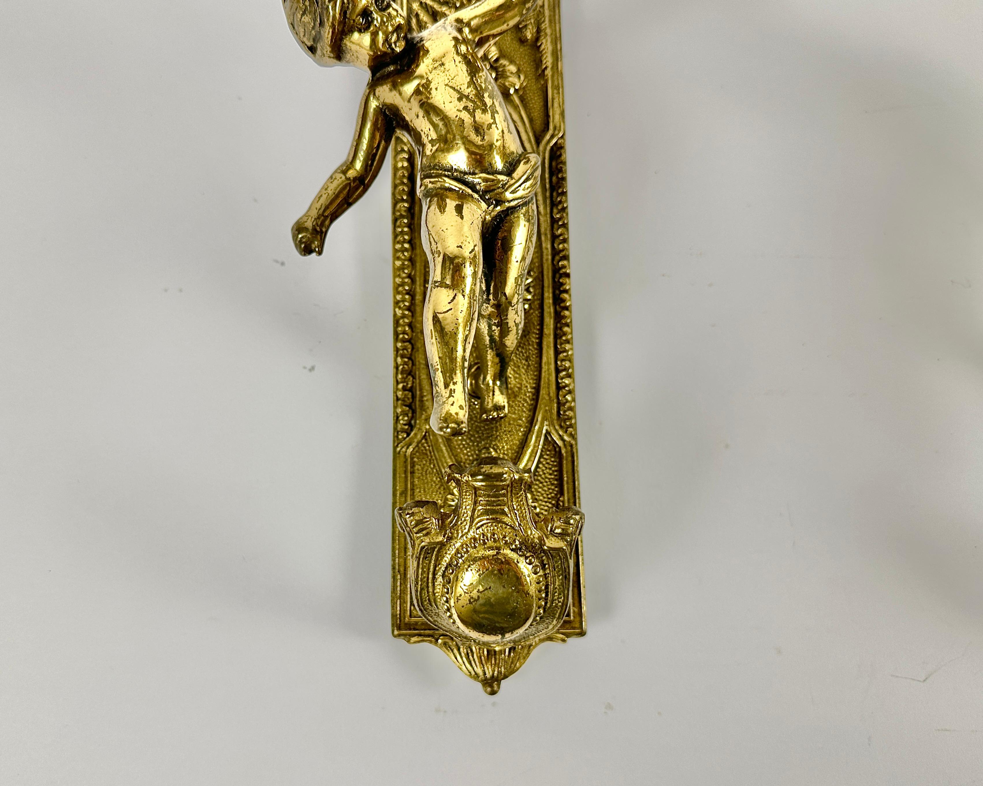 Bronze Antique Pair Sconces Louis XIV Style Gilded Bonze Cherub Angel, France, 1910
