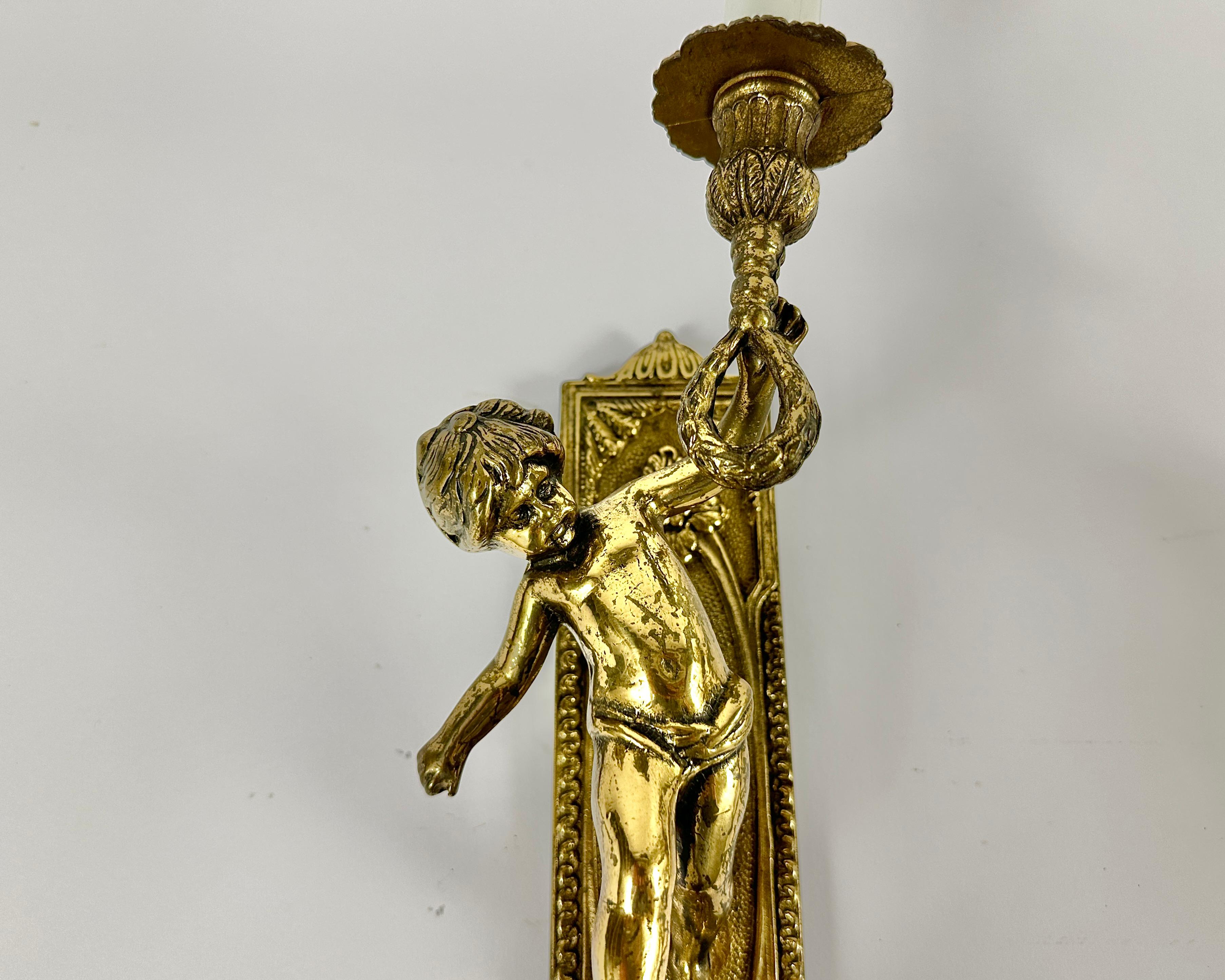 Antique Pair Sconces Louis XIV Style Gilded Bonze Cherub Angel, France, 1910 1