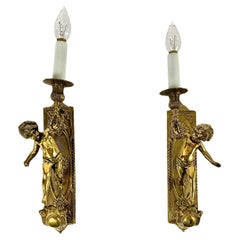 Antique Pair Sconces Louis XIV Style Gilded Bonze Cherub Angel, France, 1910