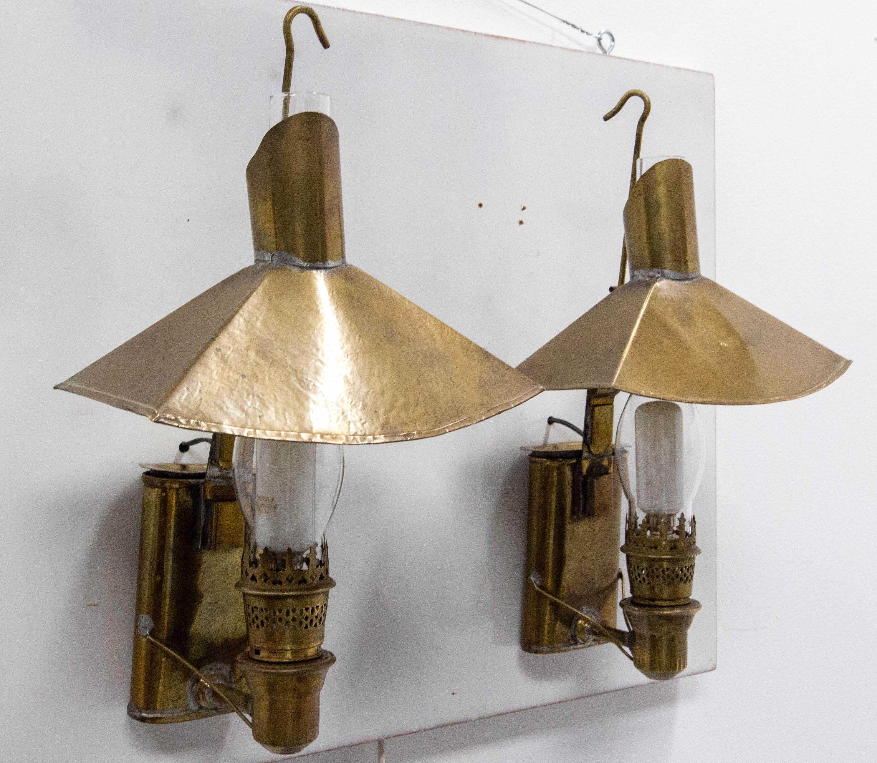 Art Nouveau Antique Pair Sconces Wall Light Lantern Brass Glass with tank 19th c, French  For Sale