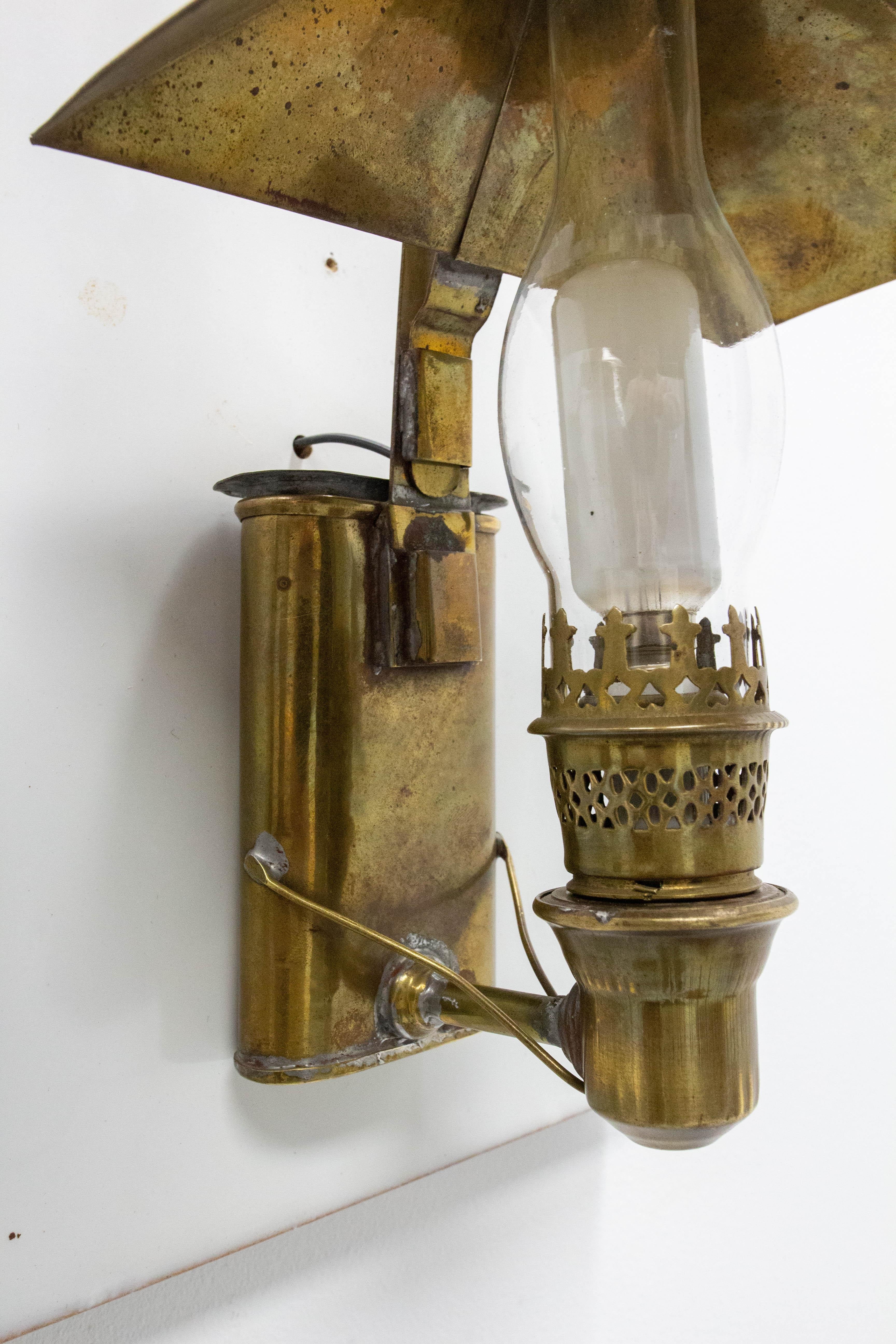 19th Century Antique Pair Sconces Wall Light Lantern Brass Glass with tank 19th c, French  For Sale