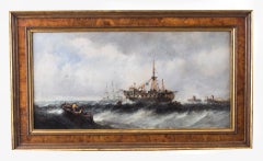 Antique Pair Seascape Oil Paintings Fishing Boats 19th century