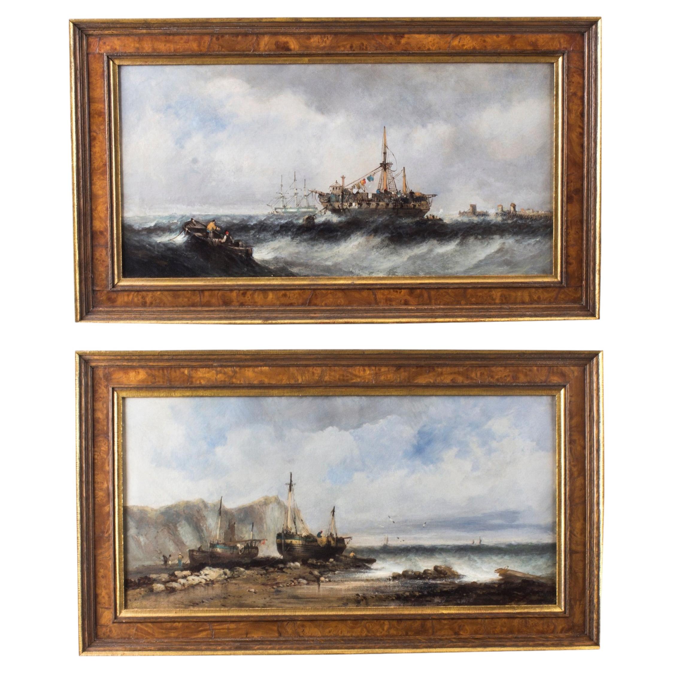 Paire de peintures à l'huile anciennes de paysages marins Bateaux de pêche 19ème siècle