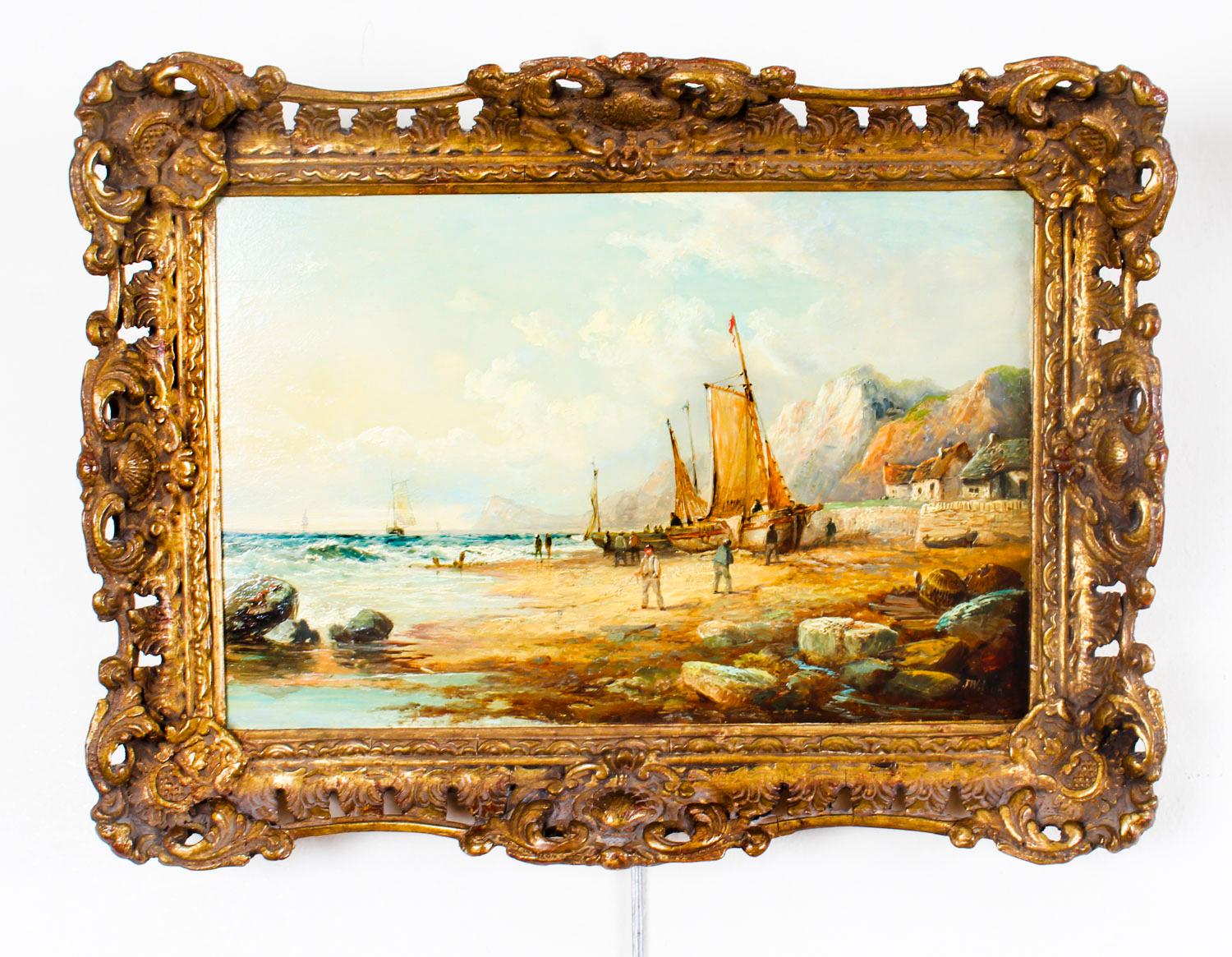 A superb pair of oil paintings by John James Wilson, (1818-1875) Fisher folk on the beach, each signed by the artist, dating from the third quarter of the 19th Century..

One painting features a group of fisherman in the act of pushing the boat
