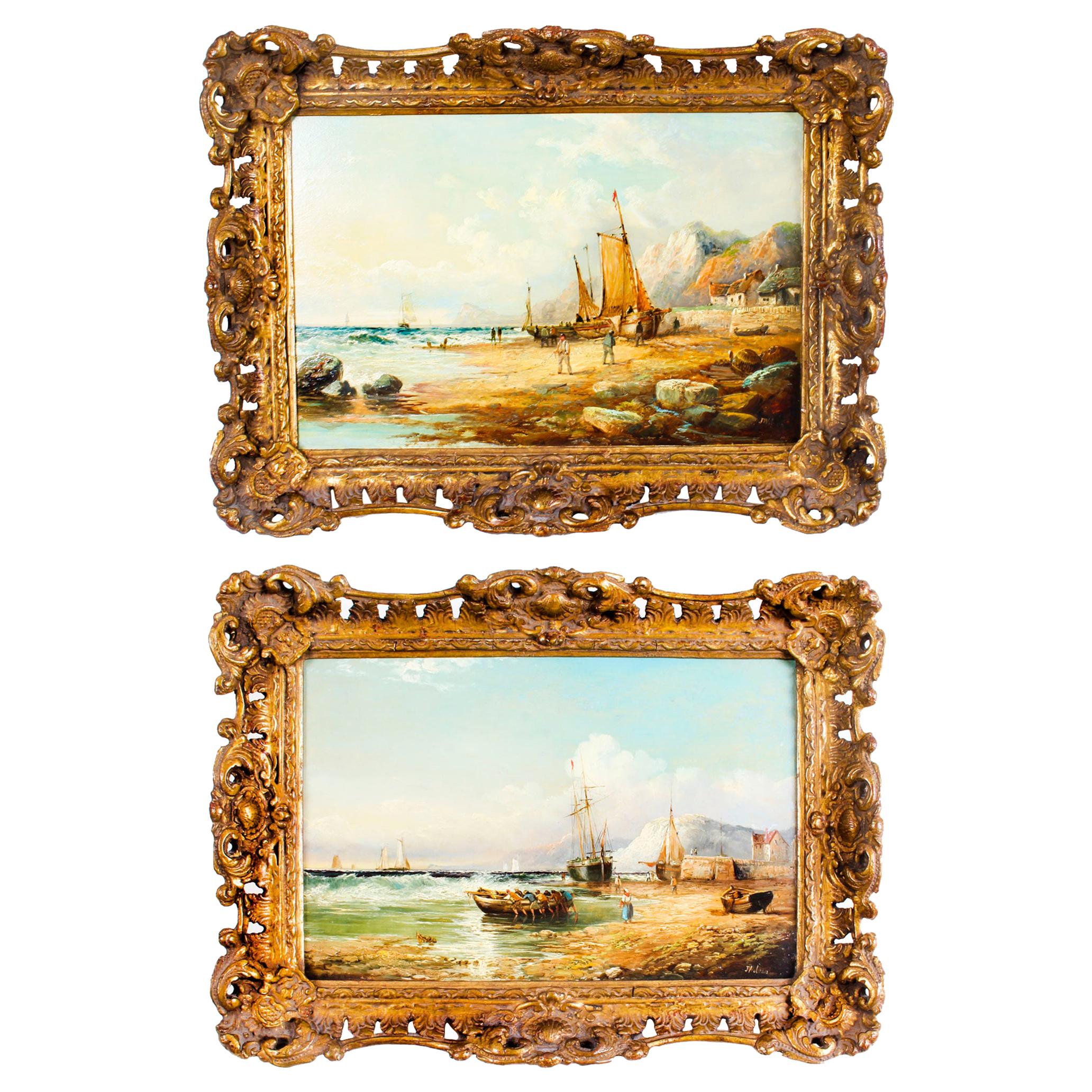 Antique Pair Seascape Paintings by John James Wilson 19th Century