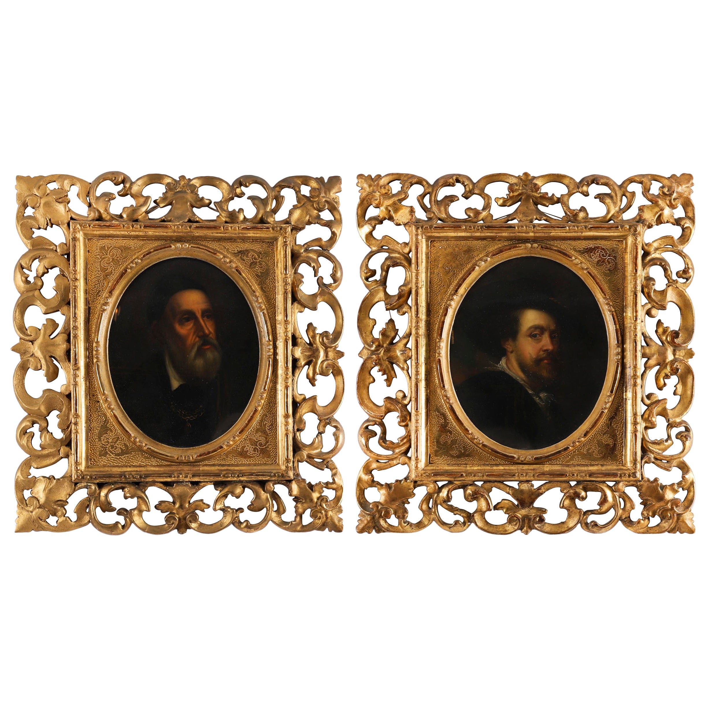 Antique Pair Self Portraits Rubens & Titian Florentine Frames 19th Century For Sale
