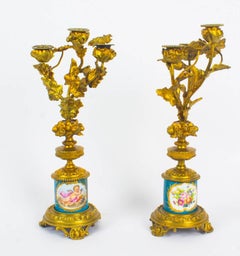 Antique Pair of Sèvres Bleu Celeste Porcelain Ormolu Candelabra, 19th Century