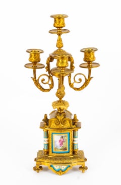 Antique Pair Sevres Bleu Celeste Porcelain & Ormolu Candelabra, 19th C