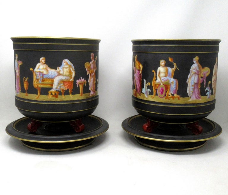 Late Victorian Antique Pair Sevres Paris Porcelain Jardinières Centerpieces Greek Gods Zeus For Sale