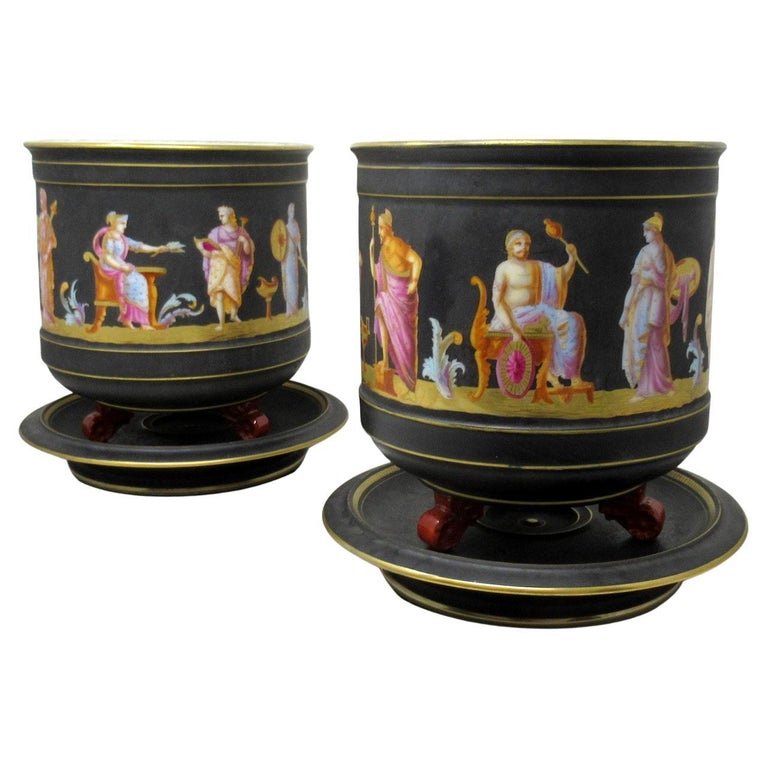 Antique Pair Sevres Paris Porcelain Jardinières Centerpieces Greek Gods Zeus For Sale