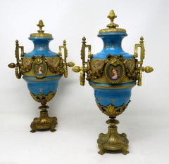Antique Pair Sèvres Porcelain Gilt Bronze Portrait Ormolu Celest Blue Urns Vases