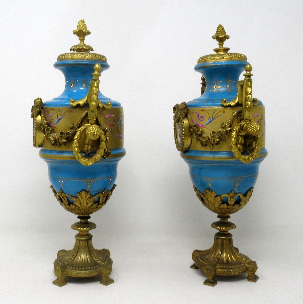 Late Victorian Antique Pair Sèvres Porcelain Gilt Bronze Portrait Ormolu Celest Blue Urns Vases