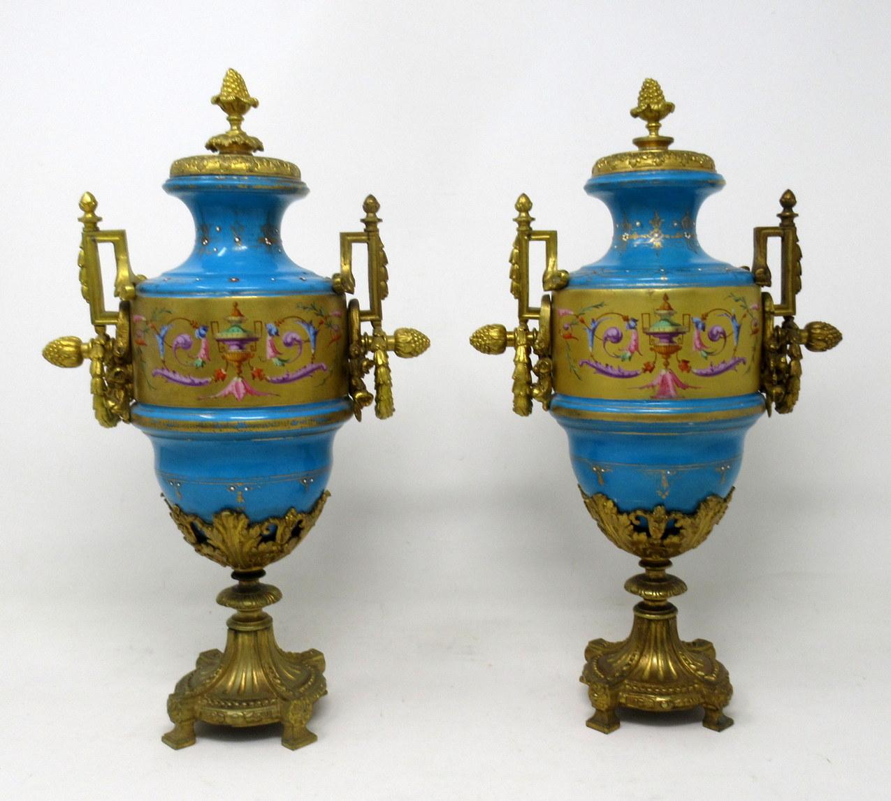 French Antique Pair Sèvres Porcelain Gilt Bronze Portrait Ormolu Celest Blue Urns Vases