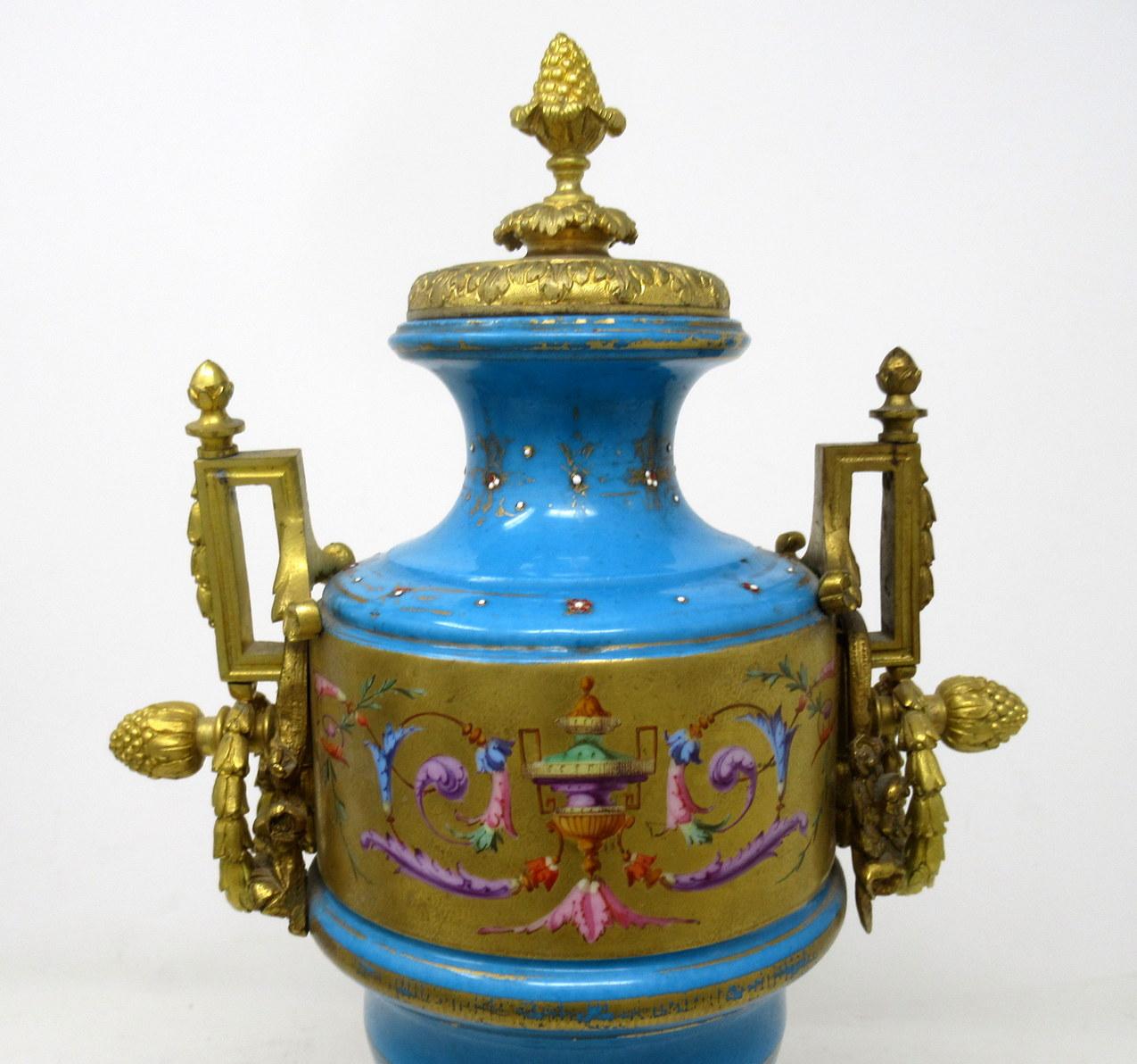 19th Century Antique Pair Sèvres Porcelain Gilt Bronze Portrait Ormolu Celest Blue Urns Vases