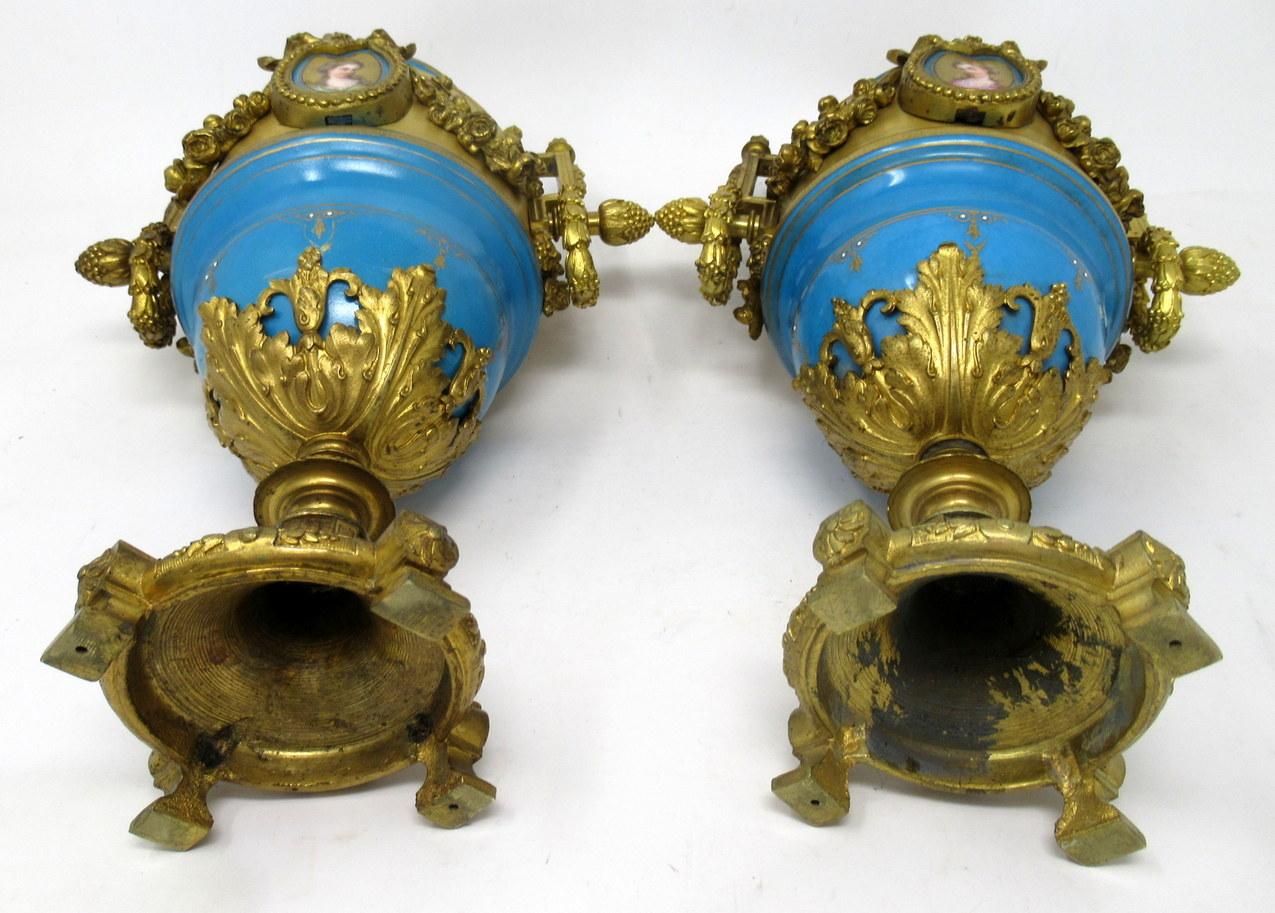 Antique Pair Sèvres Porcelain Gilt Bronze Portrait Ormolu Celest Blue Urns Vases 1