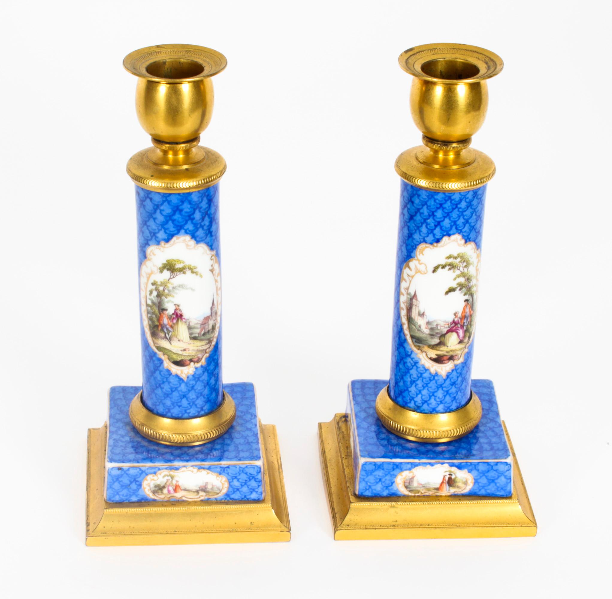 French Antique Pair Sevres Porcelain Mounted Ormolu Candlesticks 19th Century For Sale