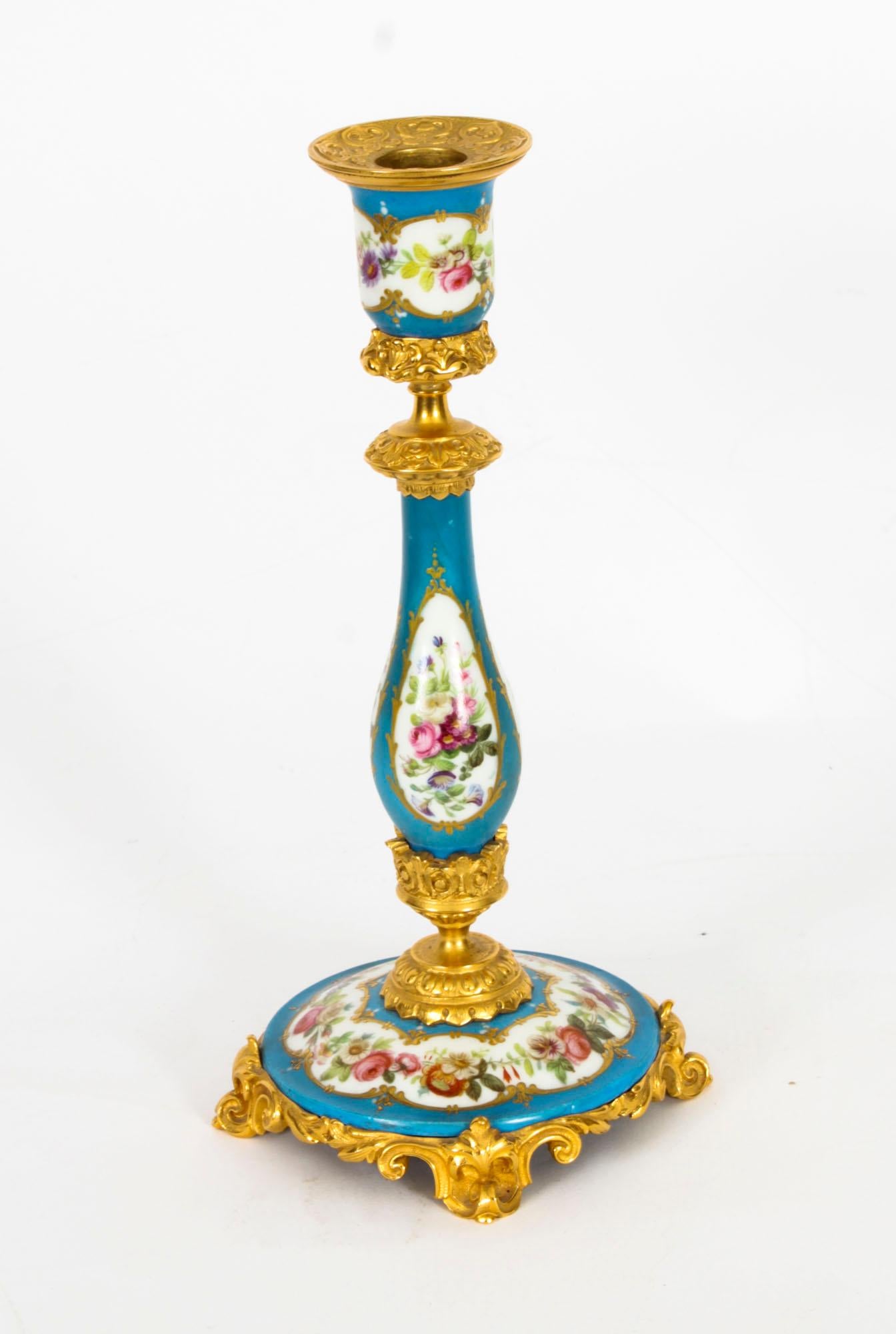 French Antique Pair Sevres Porcelain Ormolu Candlesticks, 19th Century