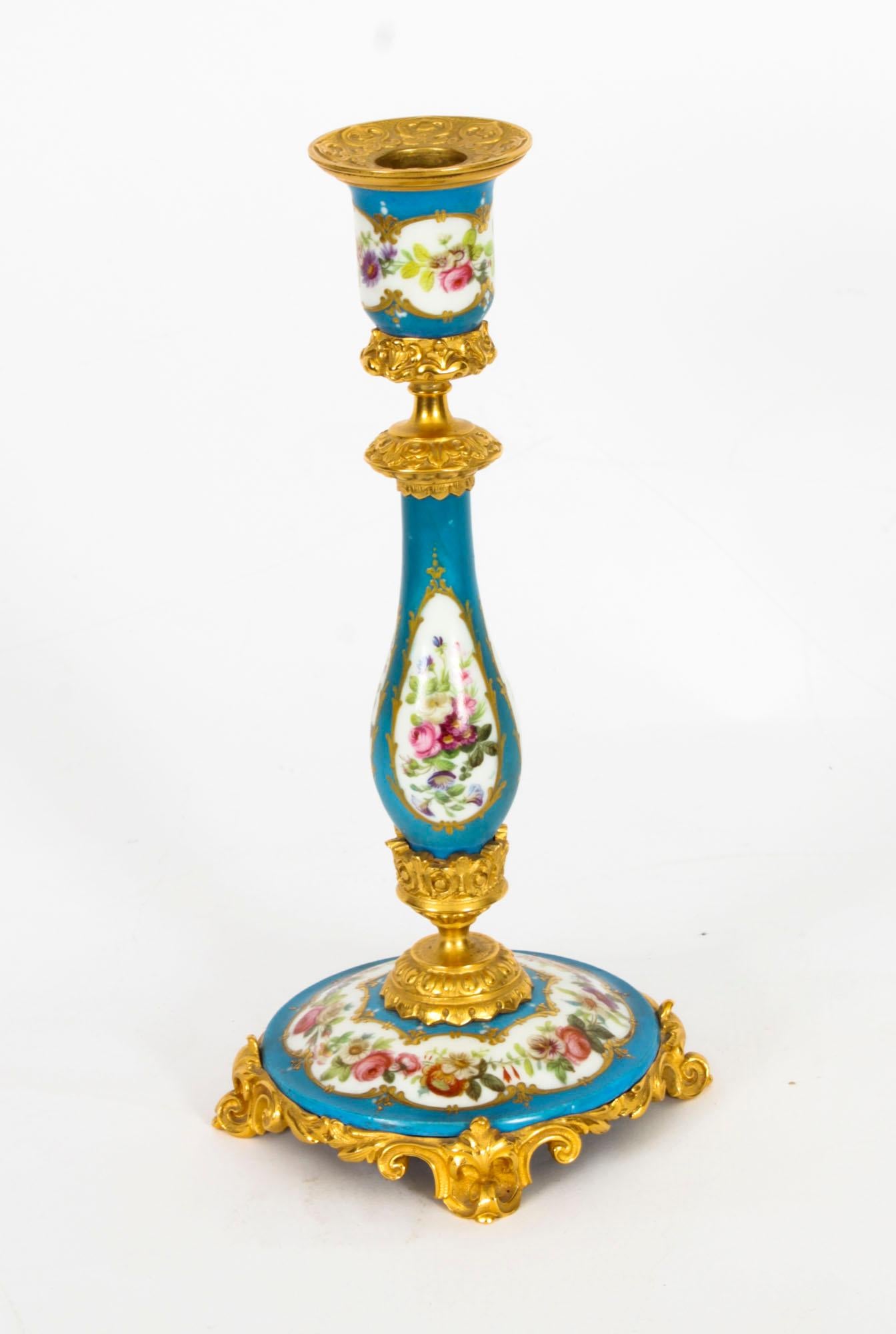 French Antique Pair Sevres Porcelain Ormolu Candlesticks, 19th Century
