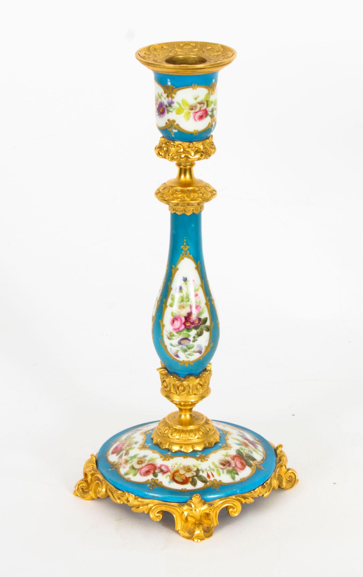 Antique Pair Sevres Porcelain Ormolu Candlesticks, 19th Century In Good Condition In London, GB