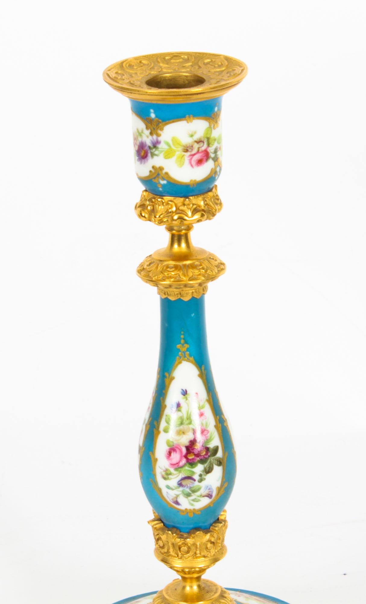 Late 19th Century Antique Pair Sevres Porcelain Ormolu Candlesticks, 19th Century