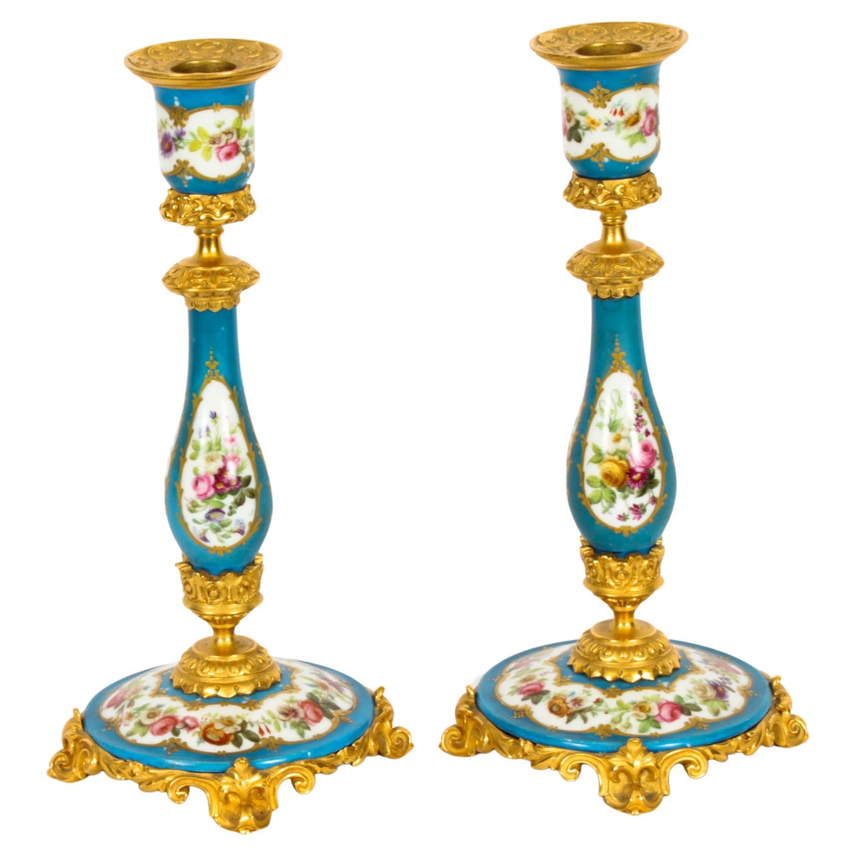 Antique Pair Sevres Porcelain Ormolu Candlesticks, 19th Century