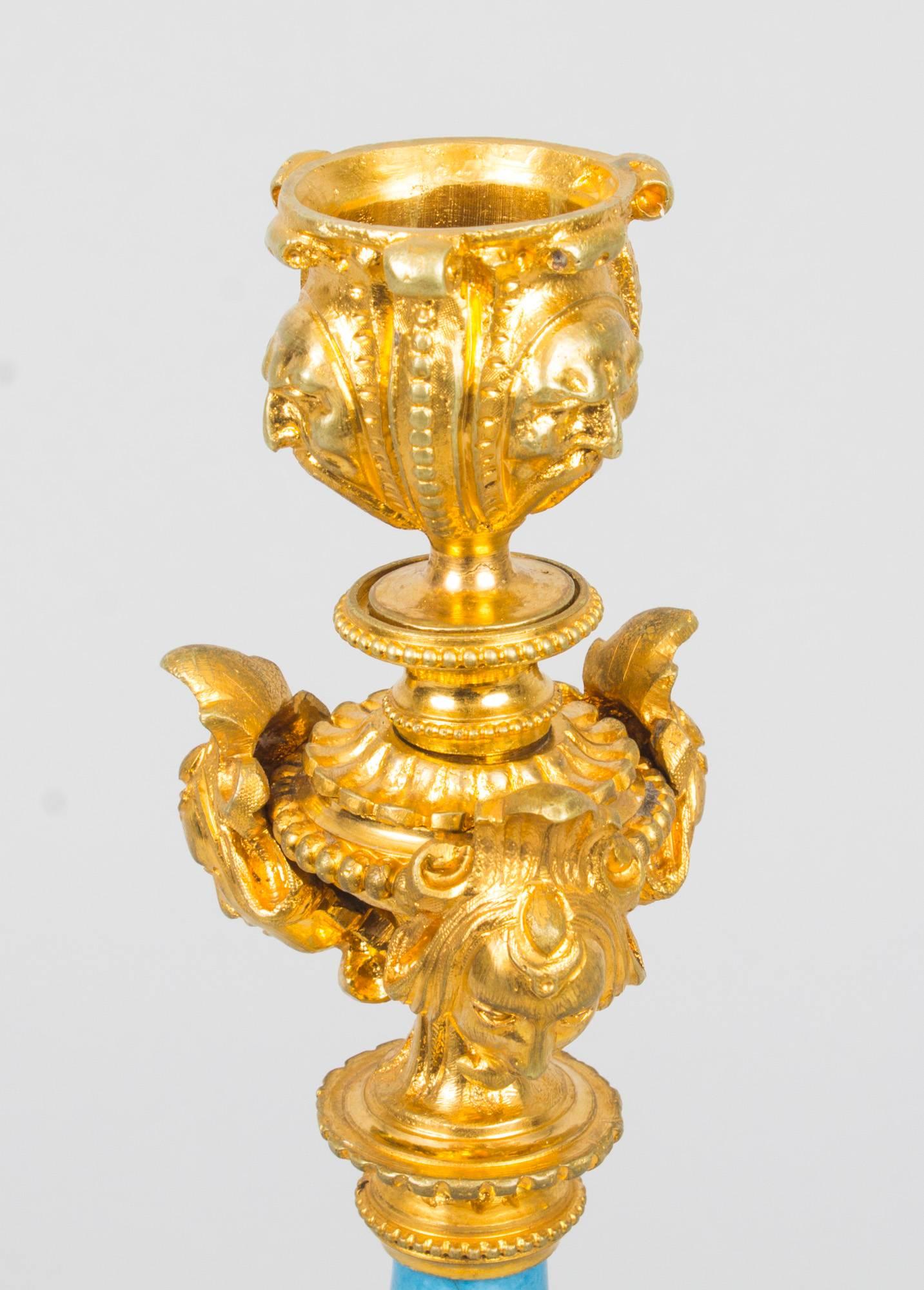 French Antique Pair of Sèvres Porcelain Ormolu Candlesticks, 19th Century